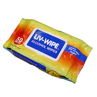 Liv-Wipe Antibacterial Alcohol Wipes, 75pct Ethyl Alcohol Sanitiser, 15 x 20cm, 45GSM, Nonwoven, 20pct Viscose, Snap On Lid, 50 in Soft Pack Pack