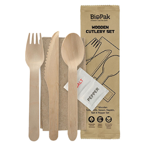 BioPak Wooden Knife, Fork, Spoon, Napkin, Salt & Pepper Set, 400 Pieces/Carton