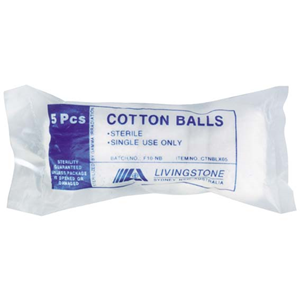 Livingstone Cotton Balls, 0.6 Grams, Sterile, White, 5/Pack Pack