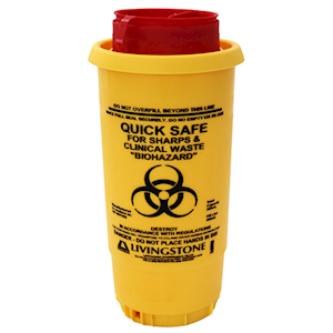 Damaged, Sharps Waste Collector, 500ml, with Pull Off Lid and Finger Guard, Round, Recyclable Plastic, Yellow, Each