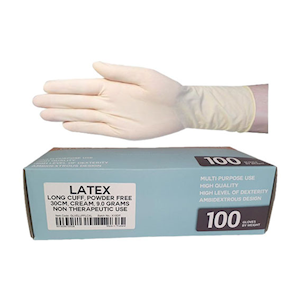 Economy Latex Gloves, Recyclable, Powder Free, Long Cuff, 30cm, Large, Cream Colour, 7.0 grams, Non Therapeutic Use, 100 Pieces/Box