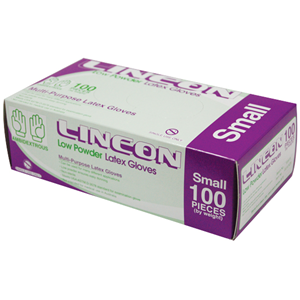 Lincon Latex Examination Gloves, Low Powder, Small Size, 100/Box 10 BOXES/CTN, American Society for Testing and Materials (ASTM) Carton