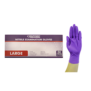 CytoProtec Extra Thick Nitrile Examination Gloves, Powder Free, 8.5-9.0, Large, Purple, Long Cuff, 50 Pieces/Box