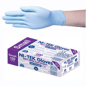 Out of Date, Ni-Tek Nitrile Gloves, Low Powder, HACCP, EN374, Malaysian, 4.5g, Small, Blue, 100/Box, Price Discounted While Stocks last Box