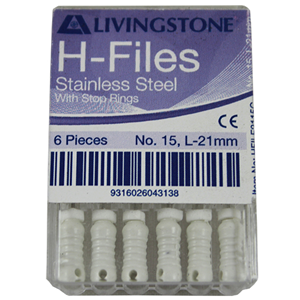 Livingstone H-Files, 21mm, No. 08, Stainless Steel, Colour-Coded, 6/Pack