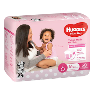 Huggies Junior Ultra Dry, For Girls, Size 6, 16kg+, Suitable For Toddlers, Comfortable Fit, High Absorbency, Long-Lasting Protection, 30 Pieces/Pack, 3 Packs/Carton Carton
