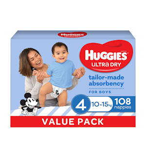 Huggies Ultra Dry Nappies, Boys, Size 4 (10-15kg), 108 Pieces/Pack Pack