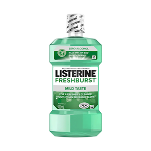 Listerine Freshburst Zero Alcohol Mouthwash, 500mL, Kills 99.9pct of bacteria, Mild Taste, Each
