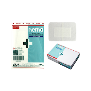 Nema Adhesive Island Dressing with Non-Adherent Pad, Nonwoven, 12 x 8.2cm, White, Sterile, 20/Box (Supplied as 4 bxs of 5) Box
