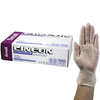 Lincon Vinyl Examination Gloves, Recyclable, 6.5g, Powder Free, Large, Clear, HACCP Grade, 100/Box Box