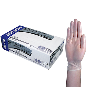 Livingstone Vinyl Examination Gloves, Recyclable, 6.5g, Low Powder, Large, Clear, HACCP Grade, 100/Box Box