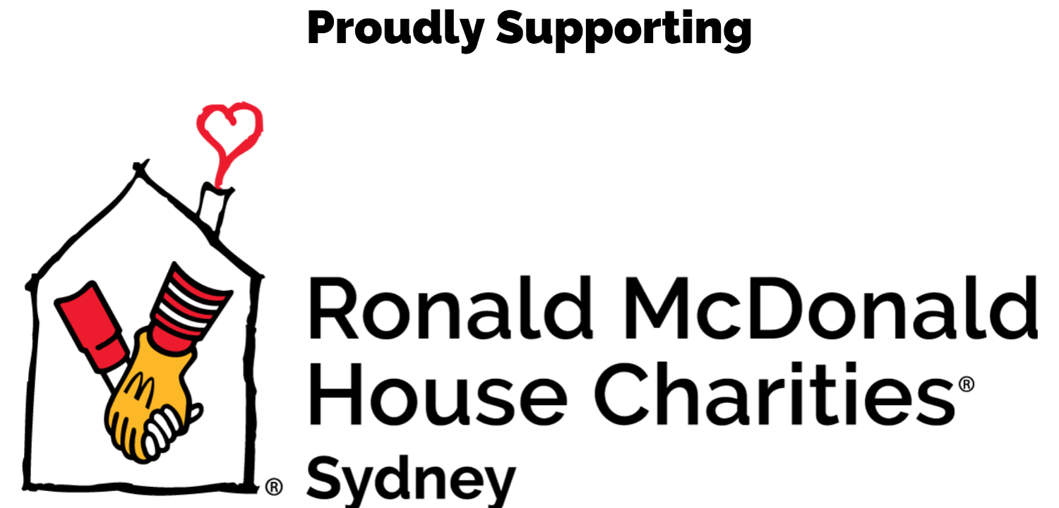 Ronald McDonald House Charities Sydney logo with a hand holding red and yellow socks and a heart above a house.