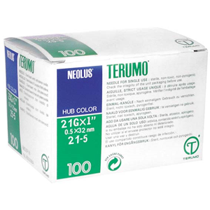 Out of Date, Terumo Neolus Hypodermic Needle, 21G x 1.5 Inches, 38mm, Ultra Thin Wall, Green, 100/Box, Price Discounted While Stocks last Box