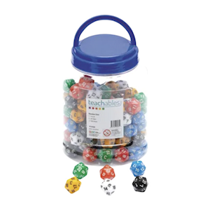 Teachables Dice, 20 Face, Numbered 1 - 20, Assorted Vibrant Colours, 100 Pieces/Jar