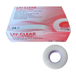 Liv-Clear Surgical Tape, Transparent Porous, Easy Tear, 12mm x 9.1m, 24 Rolls/Box Box