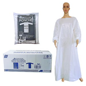Livingstone Disposable Poncho, Low Density Polyethylene (LDPE), 100 x 145cm, Long Sleeves, No Hood, White, Single Pack, 100 Packs/Carton Carton