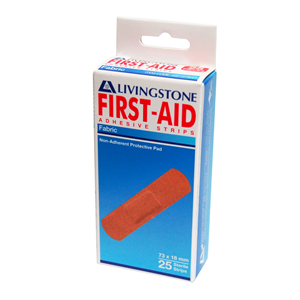 Out of Date, Livingstone Adhesive Fabric First Aid Strips with Pad 73 x 18mm Latex Free Sterile 25/Box Price Discounted While Stocks last Box
