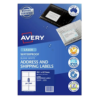 Avery Waterproof Labels, 99.1 x 67.7mm, White, 8 Labels/Sheet, 5 Sheets/Pack, 5 Packs/Box Carton