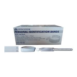 Livingstone Personal Identification Bands, Infant,with Log Book, Latex Free, Clear, 250/Box Box