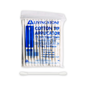 Livingstone Cotton Tip Applicator Paper Stem, Double Tipped, Biodegradable, 7.5cm, 50 Pieces/Pack, 600 Packs/Carton Carton