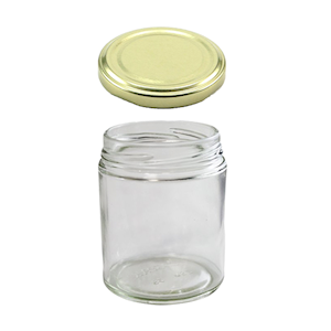 Cospak Clear Glass Jar with 63mm Twist Neck, with Gold Metal Cap, 190mL, Height 81.8mm, 65mm, Round, Flint, 36 Pieces/Carton Carton
