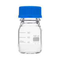 Livingstone Lab Reagent Bottle, 100ml, 56mm Diameter x 105mm H, GL45, Clear, Blue PP Cap and Outlet Ring, Borosilicate Glass, EU, Each Each