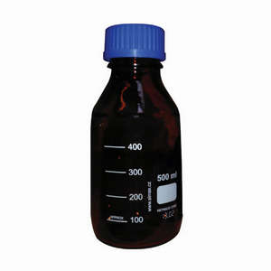Lincon Lab Reagent Bottle, 500mL, 86 x 181(H) mm, GL45, Amber, Blue PP Cap and Outlet Ring, Borosilicate Glass, European, 1/Box Each