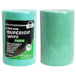 Lincon Superwipe Microfibre Cleaning Wipes, Heavy Duty, 30cm Width, Perforated Every 50cm, 45m, Green, HACCP Cert, 90 Sheets/Roll, Loose Roll