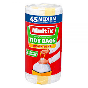 Multix Tidy Bag Drawtight® Bin Liner with Drawstring, White, Medium, 27L, 63 x 52cm, 45 Pieces/Pack Pack