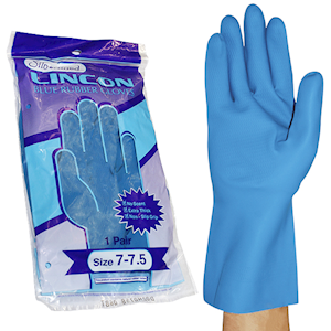 Lincon Silverlined Natural Rubber Gloves, with Silver Lining, Biodegradable, Medium weight, Size 6-6.5, Blue, Unscented, HACCP Grade, Pair Pair