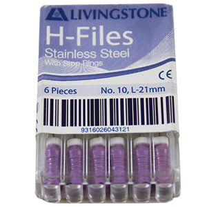 Livingstone H-Files, 21mm, No. 08, Stainless Steel, Colour-Coded, 6/Pack