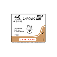 Johnsons and Johnsons Ethicon Surgical Chromic Gut Sutures, Undyed, 45cm, 4-0 PS-5 13mm, 12/Box Box
