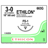 663G Ethilon Nylon Suture, Size 3-0, Length 18", Black Monofilament, FS-1 Needle, Reverse Cutting, Non Absorbable, 12/Box Box