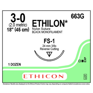 663G Ethilon Nylon Suture, Size 3-0, Length 18", Black Monofilament, FS-1 Needle, Reverse Cutting, Non Absorbable, 12/Box Box