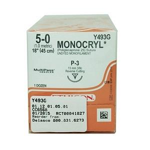 Y493G Monocryl Undyed Suture, Size 5-0, P-3 Needle, 45cm, 12/Box Box