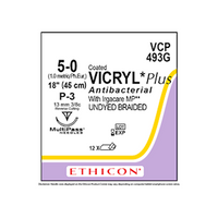 Ethicon Vicryl Plus Antibacterial Sutures, Absorbable, Undyed Braided, 5-0, 45cm, P-3, 13mm 3/8c, Reverse Cutting, 12 Pieces/Box