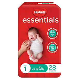 Huggies Essential Nappies,Newborn, Size 1, (Up to 5kg), Unisex, 12 Hours Absorbency, 28 Pieces/Pack, 4 Packs/Carton, 112/Carton Pack