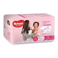 Huggies Junior Ultra Dry, For Girls, Size 6, 16kg+, Suitable For Toddlers, Comfortable Fit, High Absorbency, Long-Lasting Protection, 14 Pieces/Pack Pack