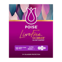 Poise Live Free Pad, Super Female, 150mL, 28cm, with Wings, White/Pink, 12 Pieces/Pack, 4 Packs/Carton