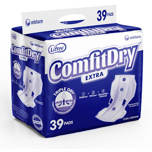 Lifree Comfitdry Extra Pad, 28 x 60cm, 1700ml Capacity, Unisex, 39 Pieces/Pack Pack
