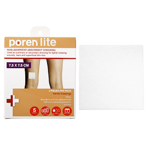 Poren-Lite Non-Adherent Absorbent Dressing, 7.5 X 7.5cm, Sterile, 5 Pieces/Box Box