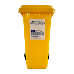 Livingstone Medical Waste Bin, 120L, 550(L) x 460(W) x 940(H) mm, with 2 Wheels, Yellow, Each Each