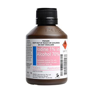 Out of Date, Iodine 1pct, Alcohol Sanitiser 70pct, 100ml, S6, 20/Carton, Original Unopened Condition, Price Discounted, While Stocks last Carton