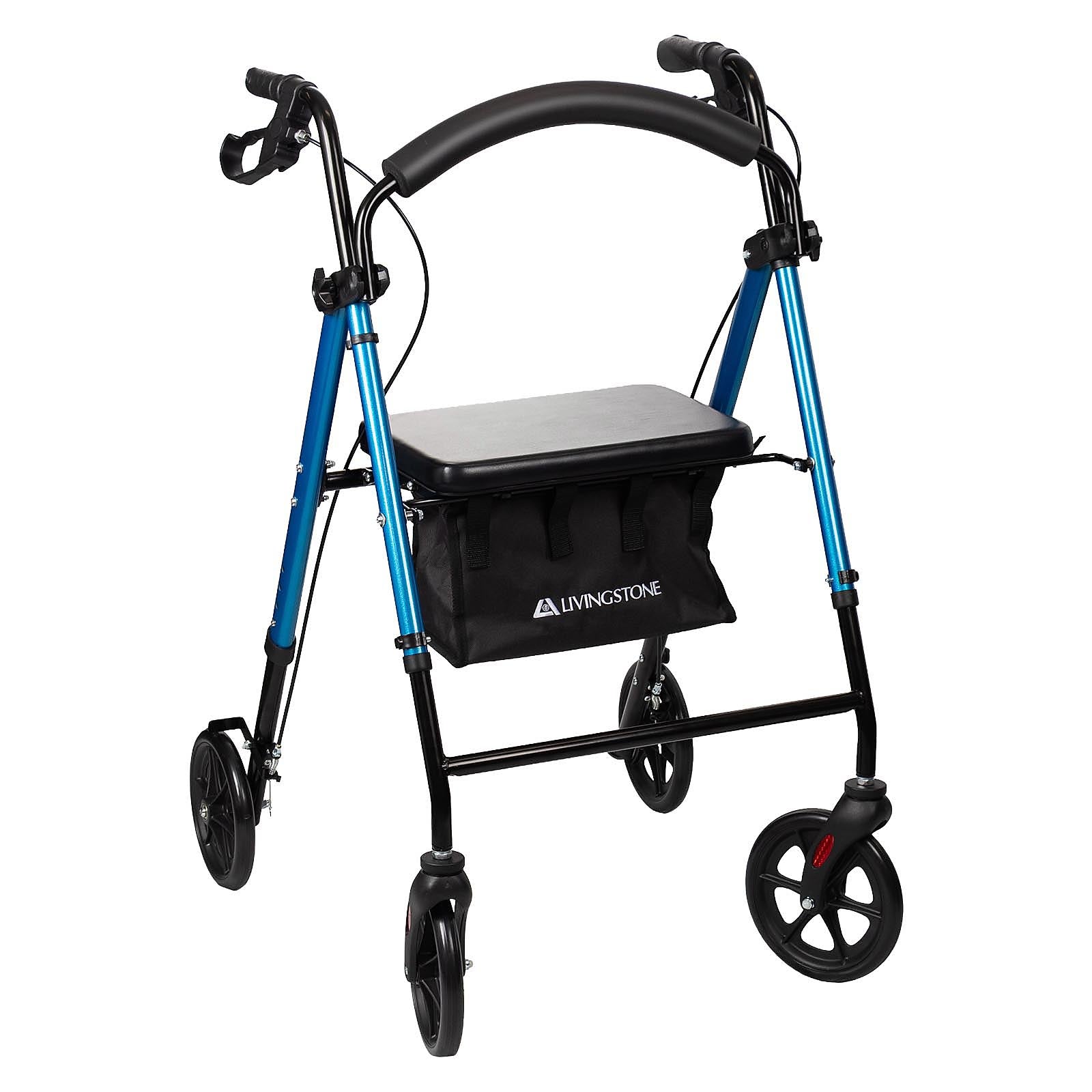 Livingstone Rollator Walker, 4 Wheel, with Padded Seat and Bag, Blue, Each