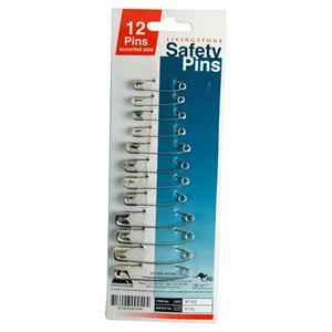 Livingstone Safety Pins, 4 of Each Size, No.1 - 27mm, No. 2 - 38mm and No. 3 - 51mm, 12 Pins/Card Card