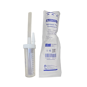 Livingstone Specimen Mucus Trap Containers with Silicone Tube, 80mL, Printed 70mL, with Cap and Patient Label, Sterile, 1 Piece/Pack Each