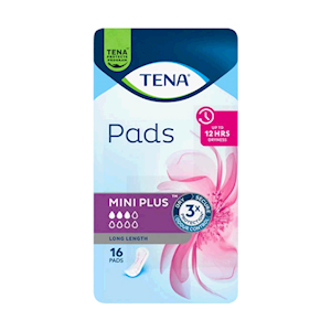 Tena Mini Plus Pads, 160mL, 256 x 94mm, White, 16 Pieces/Pack