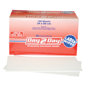Day 2 Day All Purpose Towel, Ultra Low Lint, Large, 34 x 60cm, 70pct Viscose, White, 100/Box, 800 Sheets/Carton Carton