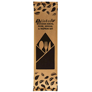 Liv Eco Biodegradable Wooden Knife, Fork, Spoon & Napkin Set, 160mm, FSC Certified, Disposable, 200 Sets/Carton Carton