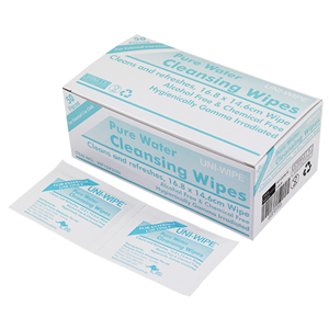 Uni-Wipe Pure Water Alcohol Free Cleansing Towelette Wipe, 17 x 15cm, Hygienically Sterilized, 50 Sachets/Box, 1000/Carton Carton